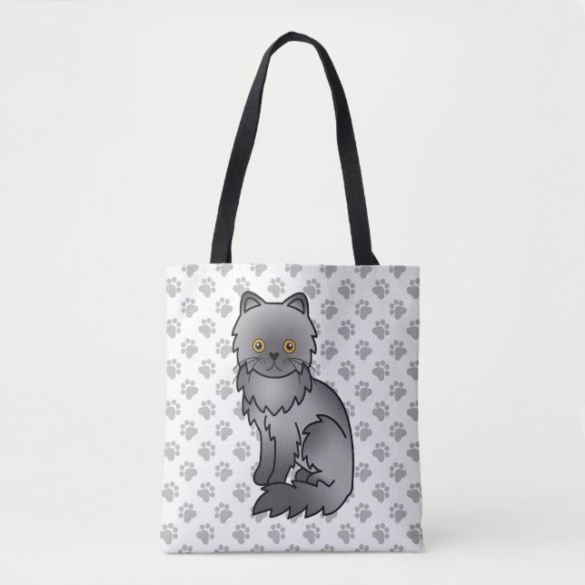 Blue Persian Cute Cartoon Cat & Paws Tote Bag (Front)