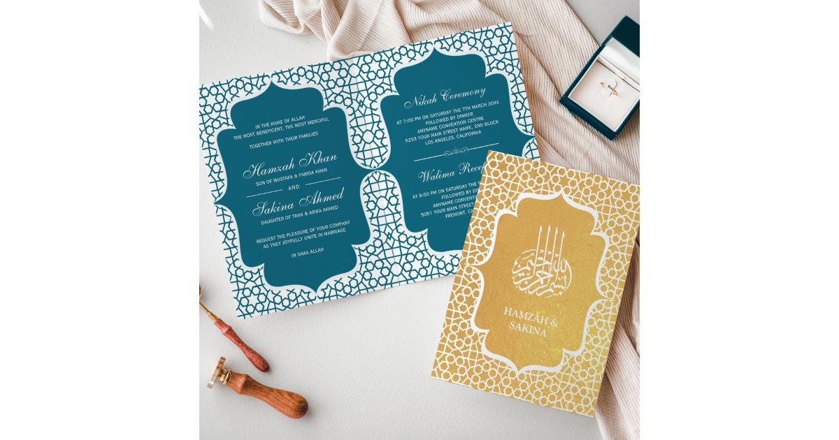 Blue Persian Gold Foil Muslim Wedding Invitation