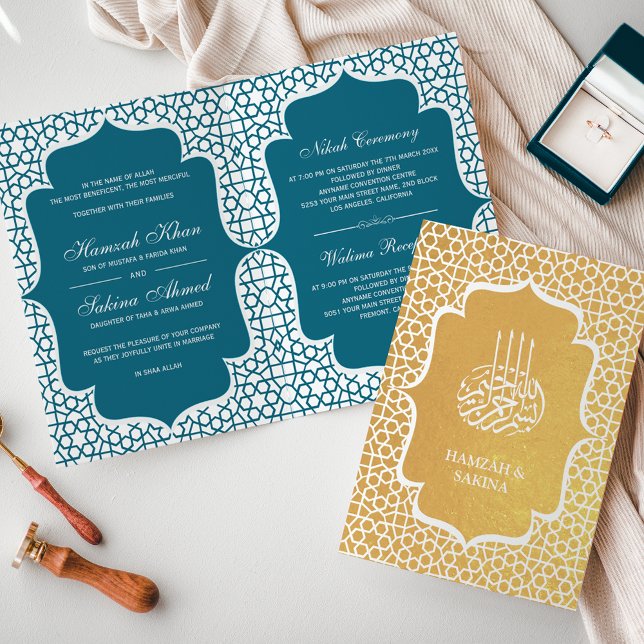 Blue Persian Gold Foil Muslim Wedding Invitation (Creator Uploaded)