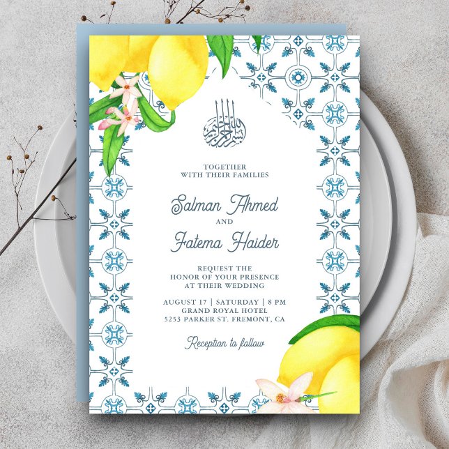 Blue Persian Mosaic Tile Lemon Islamic Wedding Invitation (Creator Uploaded)