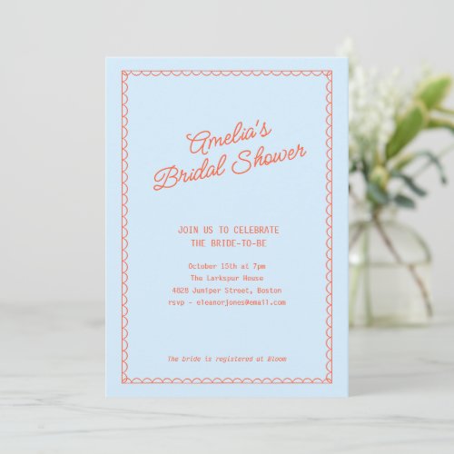 Blue Persimmon Doodle Scallop Border Bridal Shower Invitation