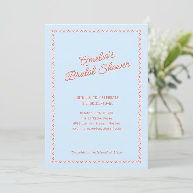 Blue Persimmon Doodle Scallop Border Bridal Shower Invitation (Standing Front)