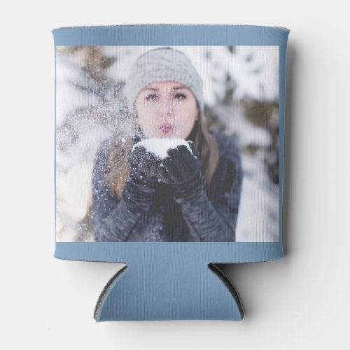 Blue Personalized 2 Photo Template Double Sided Can Cooler
