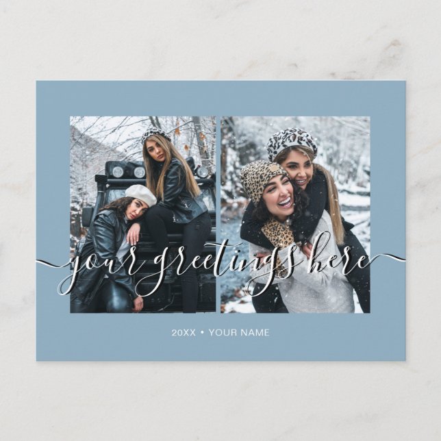 Blue Personalized 2 photos Universal Greetings Postcard (Front)