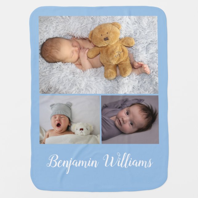 Blue Personalized Baby Boy Name & 3 Photo collage Blanket (Front)