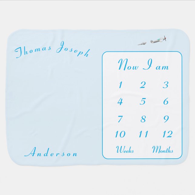Blue Personalized Baby Milestones Blanket (Horizontal)