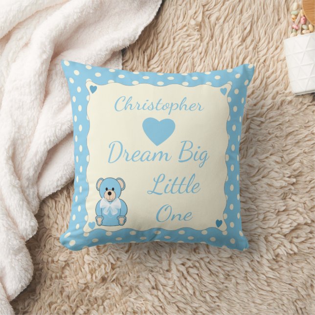 Blue Personalized baby name Teddy Bear Throw Pillow (Blanket)