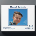 Blue Personalized Bar Mitzvah Photo Plaque<br><div class="desc">This photo plaque features your photo with simple frames in two shades of blue, and the name, date, and location of the event. he words Bar Mitzvah are stylized in the same blue colors, all on a white background. Use as a sign to welcome guests to the event, and as...</div>