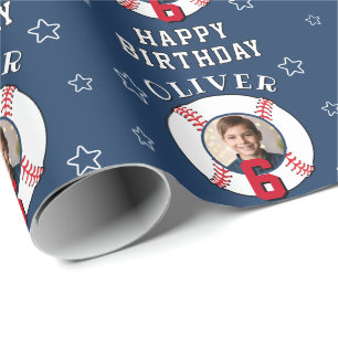 Blue Personalized Baseball Ball Birthday Photo Wrapping Paper