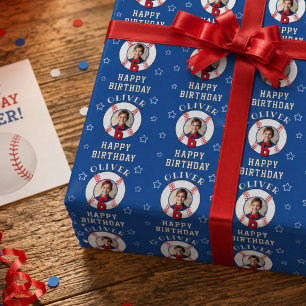 Blue Personalized Baseball Ball Birthday Photo Wrapping Paper