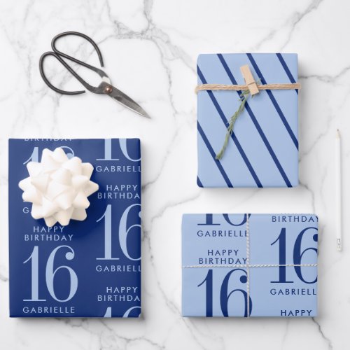 Blue Personalized Custom Age 16th Birthday Wrapping Paper Sheets