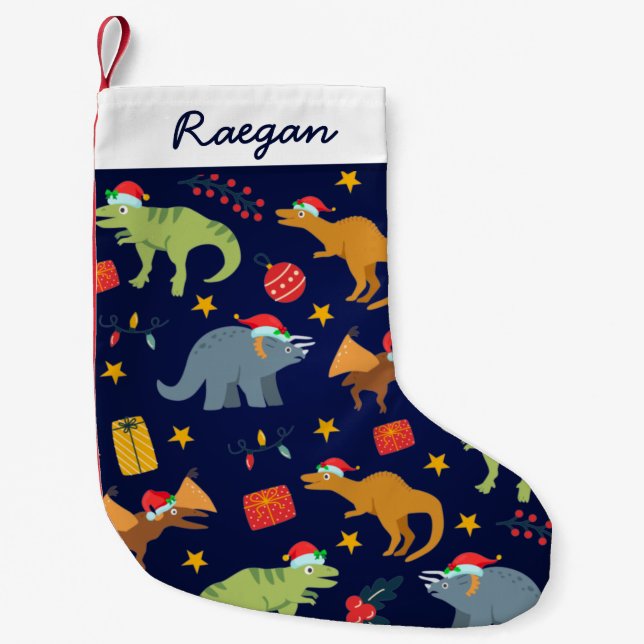 Blue Personalized Cute Dinosaur Christmas Pattern Small Christmas Stocking (Front)