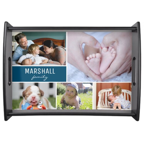 Blue Personalized family photo collage Serving Tray