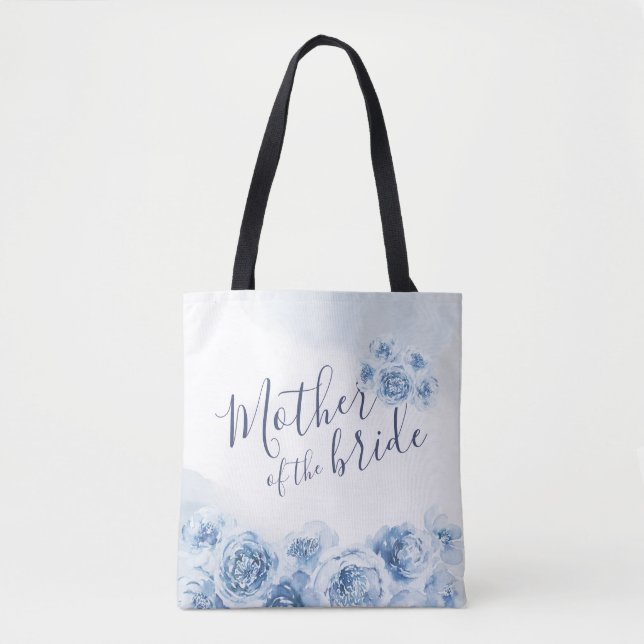 Blue personalized floral mother of the bride tote bag (Front)
