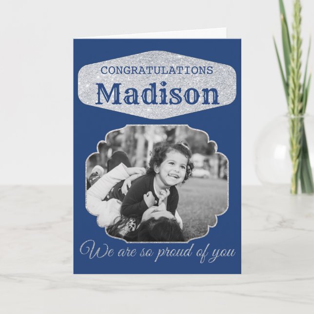 Blue Personalized Glitter Graduation Card (Front)