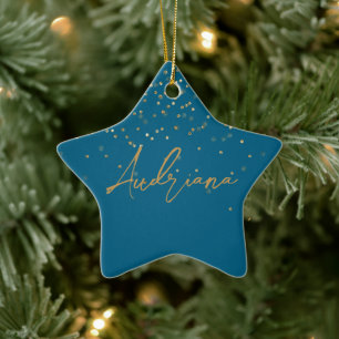 Blue Personalized Gold Name Glitter Sparkle Dots Ceramic Ornament