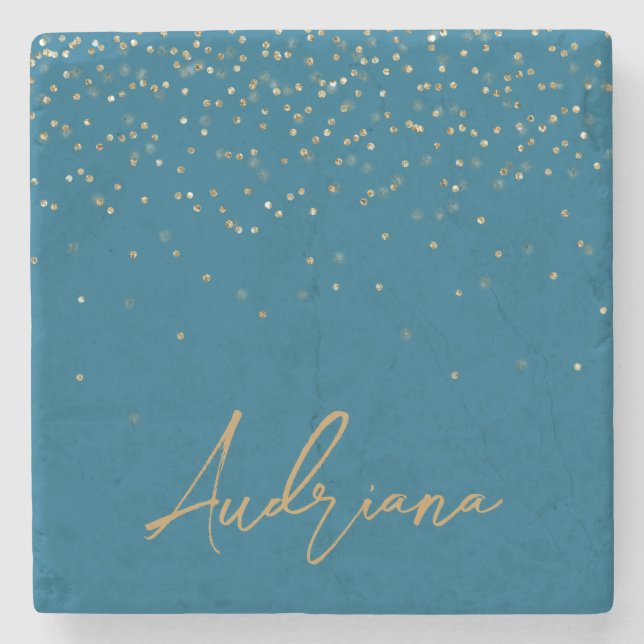 Blue Personalized Gold Name Glitter Sparkle Dots Stone Coaster (Front)