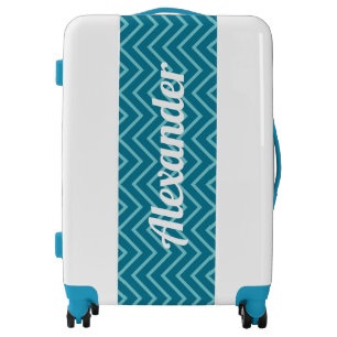 Blue personalized luggage suitcase.
