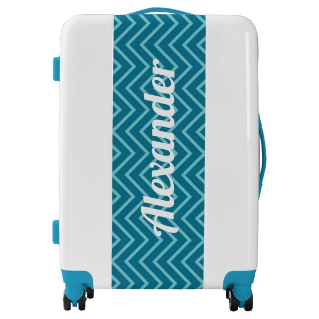 Blue personalized luggage suitcase. (Front)