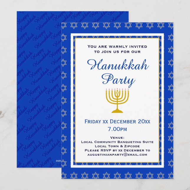Blue Personalized Menorah HANUKKAH Party Invitation (Front/Back)