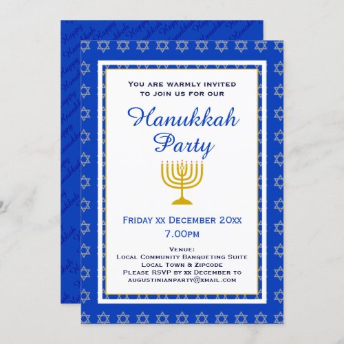 Blue Personalized Menorah HANUKKAH Party Invitation