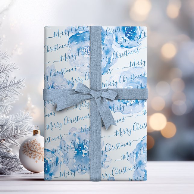 Blue Personalized Merry Christmas Script Floral Wrapping Paper (Blue Personalized Merry Christmas Script Floral Wrapping Paper)