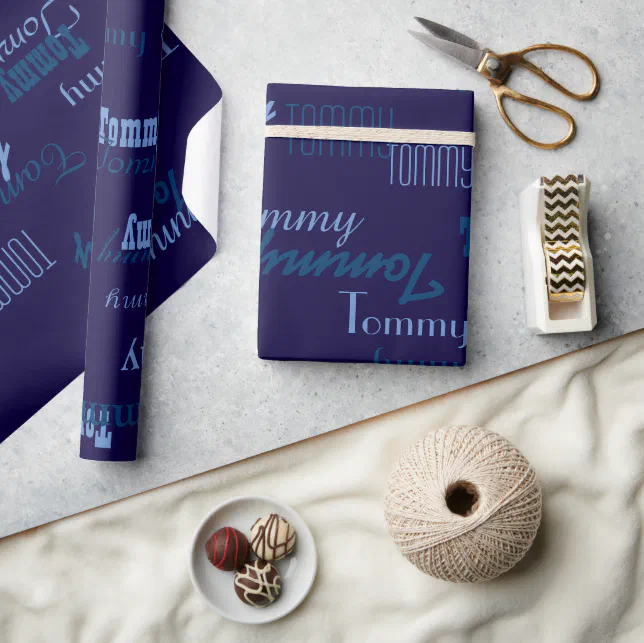 Blue personalized name wrapping paper | Zazzle