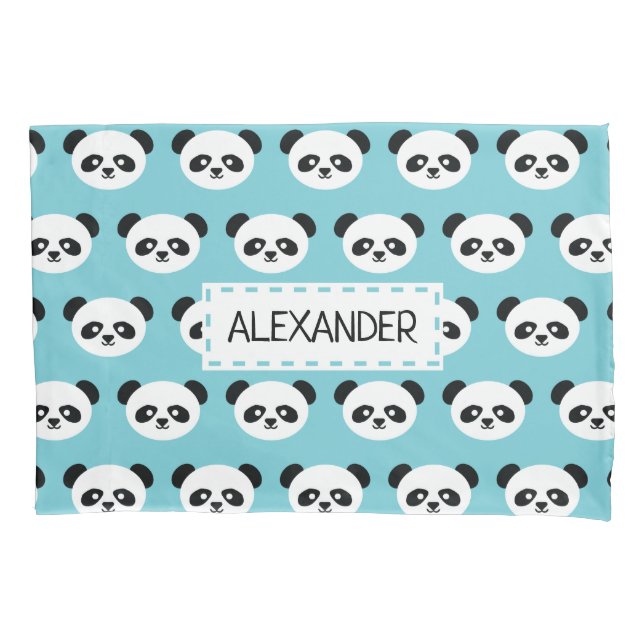 Blue Personalized Panda Bear Kids Kawaii Pillowcase (Front)