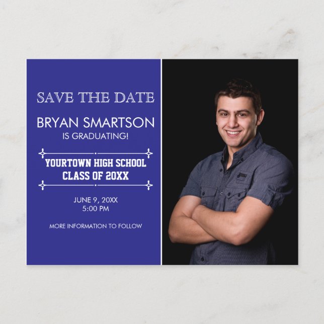 Blue Personalized Photo Graduation Save the Date Postcard (Front)