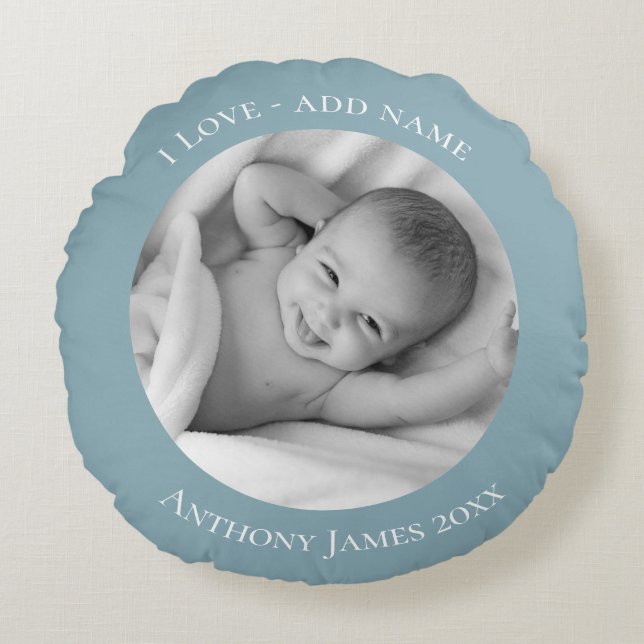 Blue Personalized Photo Name Year  Round Pillow (Front)