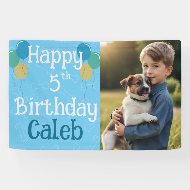Blue Personalized Photo Puppy Dog Birthday Paw-ty Banner (Horizontal)