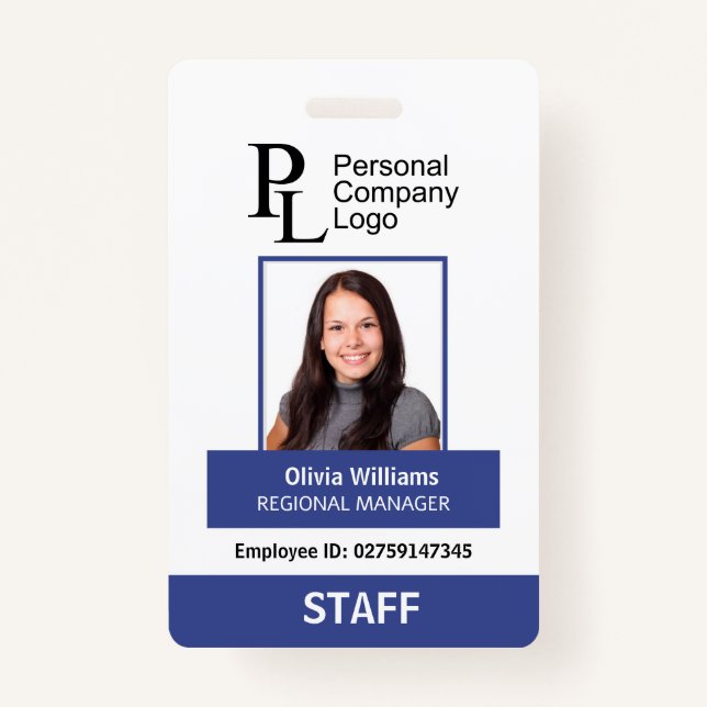BLUE Personalized Portrait Company Staff Photo ID Badge (Front)