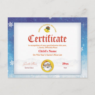 Blue Personalized Santa's Nice List Certificate Postcard