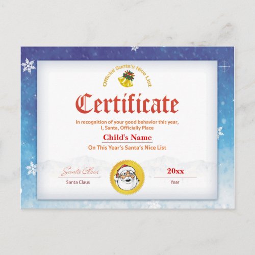 Blue Personalized Santas Nice List Certificate Postcard