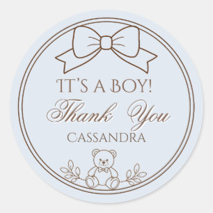 Blue Personalized Teddy Bear Bow Its a boy! Classic Round Sticker