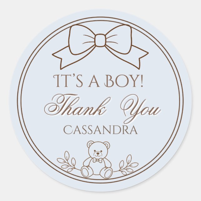 Blue Personalized Teddy Bear Bow Its a boy! Classic Round Sticker (Front)