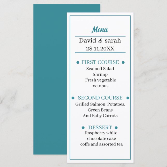 Blue Personalized Wedding Dinner Menu (Front/Back)