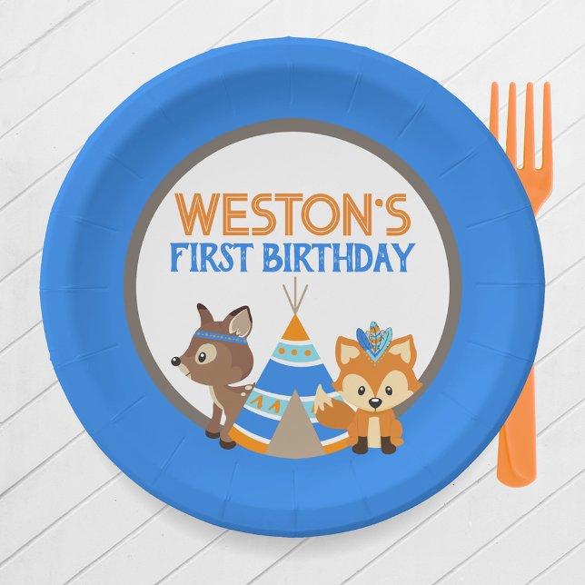 Blue Personalized Woodland Camper 1st Birthday Paper Plates (Blue One Happy Camper or Wild One First Birthday Party Plates. Featuring a Fox, Deer, and Teepee)