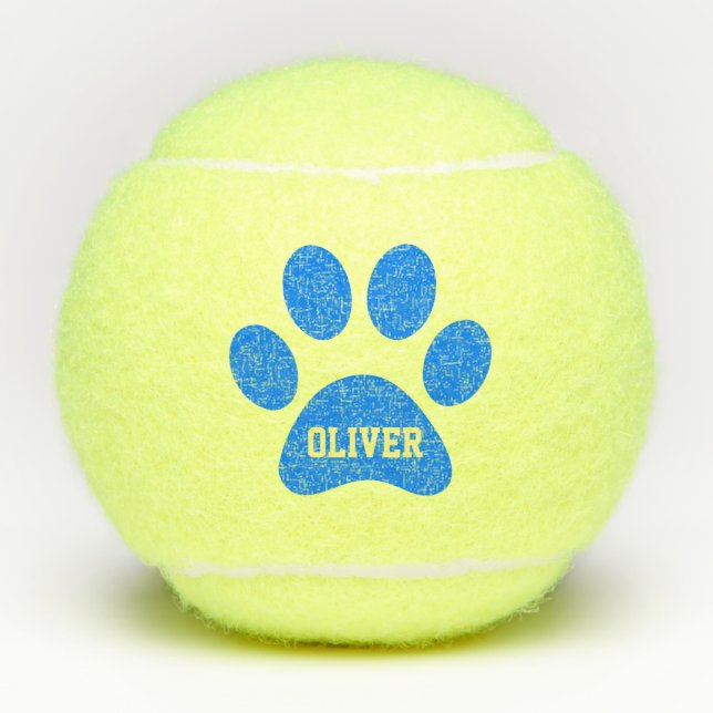 Blue Pet Paw Print Personalized Name Toy Tennis Balls (Front)