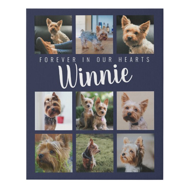 Blue Pet Photo Collage Memory Keepsake Script Name Faux Canvas Print (Front)