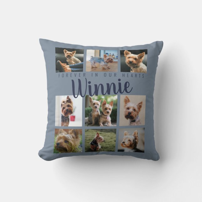 Blue Pet Photo Collage Memory Keepsake Script Name Throw Pillow (Front)