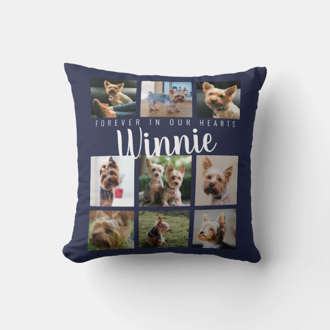 Blue Pet Photo Collage Memory Keepsake Script Name Throw Pillow (Front)