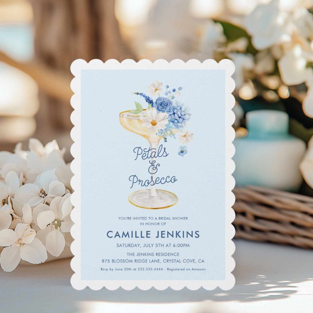 Blue Petals and Prosecco Bridal Invitation (Petals and Prosecco Blue Floral Invitation )