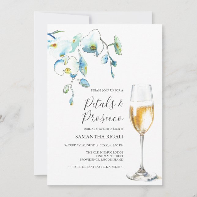 Blue Petals and Prosecco Bridal Shower Invitations (Front)