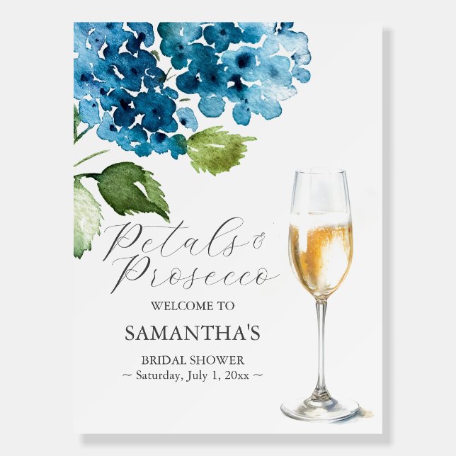 Blue Petals and Prosecco Bridal Shower Sign (Front)