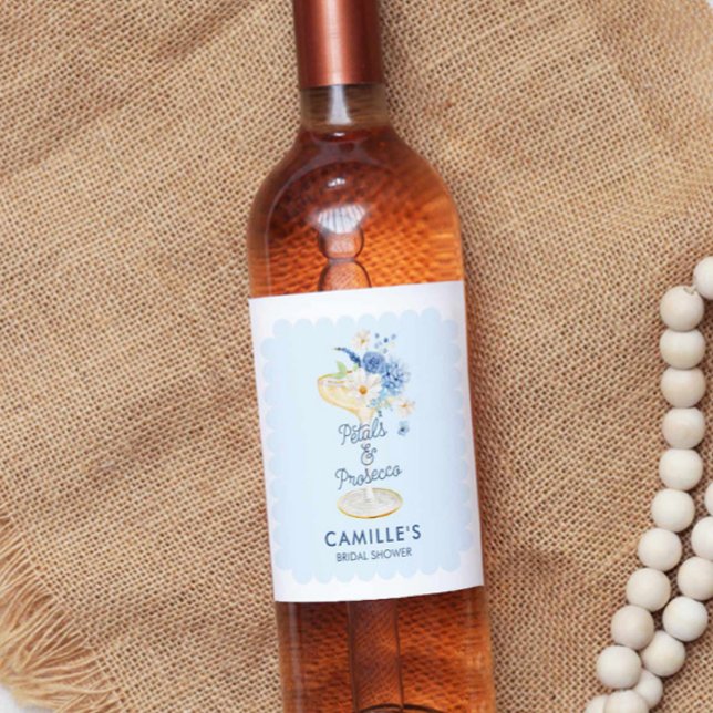 Blue Petals and Prosecco Bridal Shower Wine Label (Blue Petals and Prosecco Bridal Shower Wine Label)