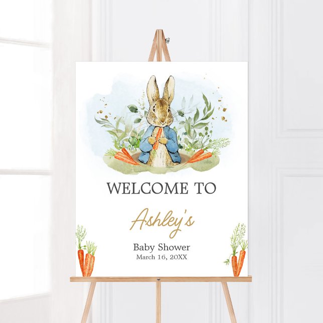 Blue Peter Rabbit Baby Shower Welcome Poster (Rustic Boy Peter Rabbit Baby Shower Welcome Sign)
