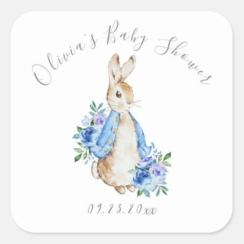 Blue Peter Rabbit Floral Boy Baby Shower Square Sticker