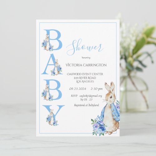 Blue Peter Rabbit with Flowers Baby Shower Invitation