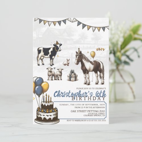 Blue Petting Zoo Birthday Party Invitation